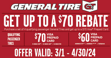 Up to $70 Rebate on select General Tires
